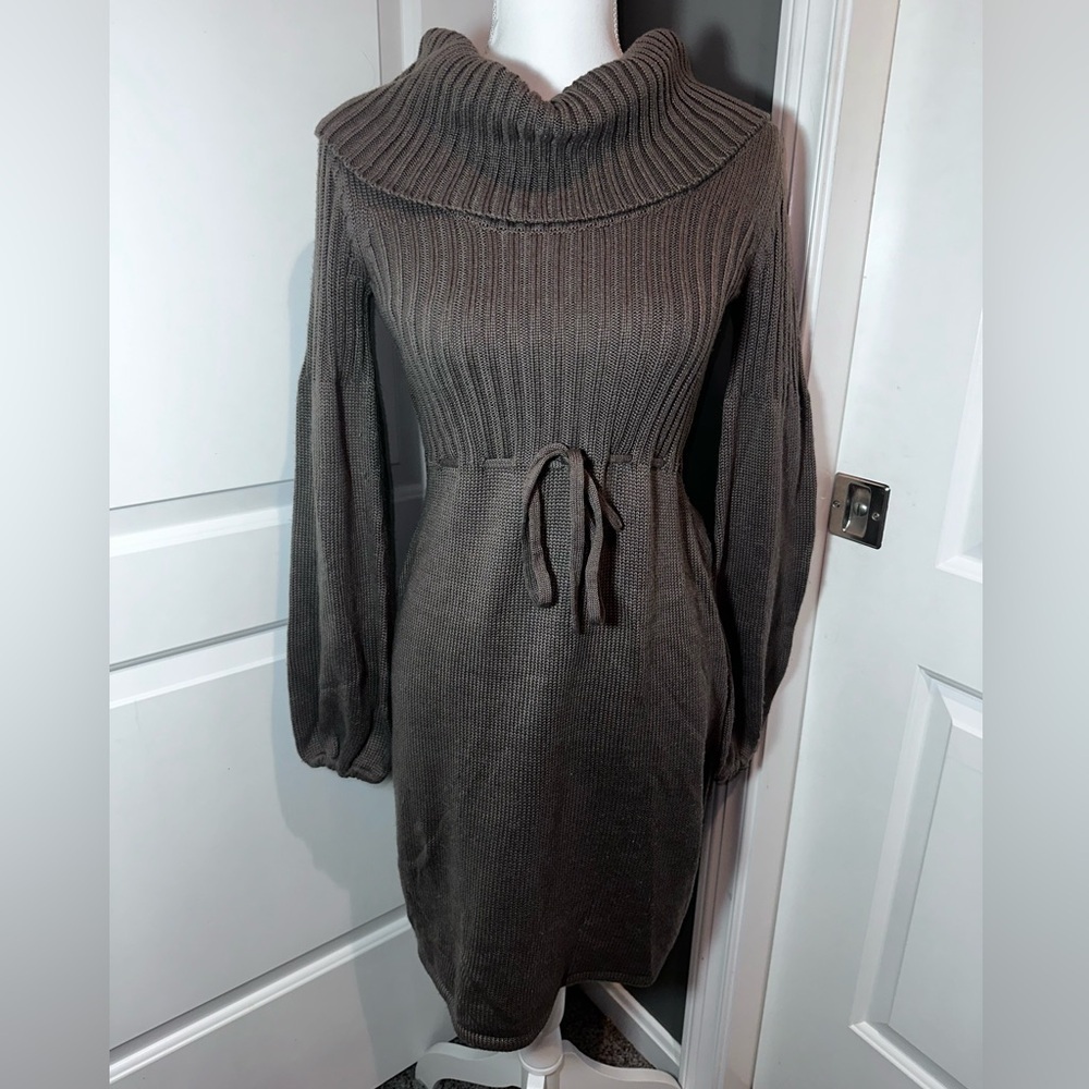 Calvin Klein XS Brown Cowl Neck Knit Sweater Dress Balloon Sleeves Soft